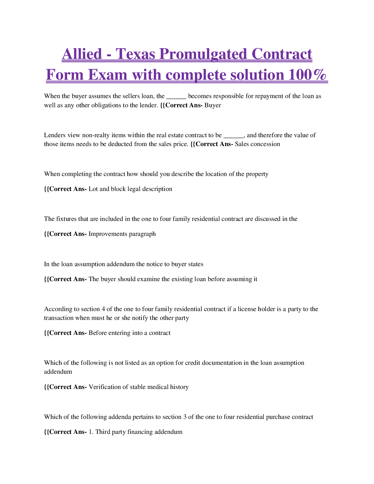 Preview image of Allied - Texas Promulgated Contract Form Exam with complete solution 100% document